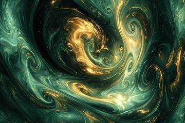 3D organic wall in swirling deep green and gold tones, mimicking the beauty of nature.