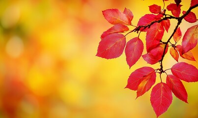 Fototapeta premium Red autumn leaves on branch with blurred yellow background, ideal for seasonal themes