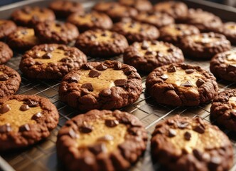 Fototapeta premium A tray of freshly baked chocolate cookies with a golden brown crust and chewy center , cookies, rich