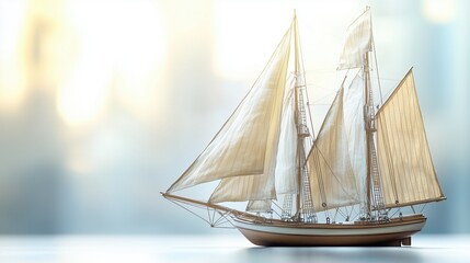 Obraz premium Vintage sailing ship model showcased with soft background, highlighting its intricate details and craftsmanship