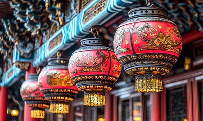 Red lanterns hanging from ornate temple roof, celebrating a festive occasion