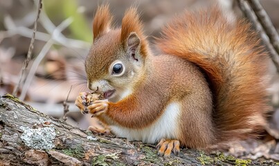 Fototapeta premium Red squirrel eating nut on forest floor