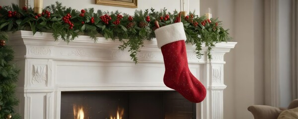 A beautifully decorated holiday stocking hanging on a mantel surrounded by holly and berries, holly, mantel decor