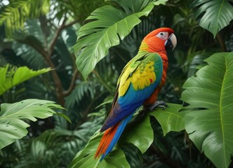 A vibrant parrot perched on a large green leaf in the tropical environment, tree branch, vegetation