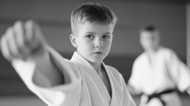 Two martial arts students in uniforms practicing their moves.