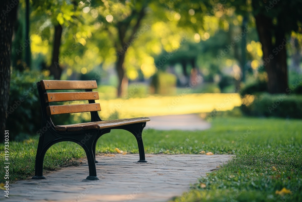 Poster Empty park bench in serene green space inviting relaxation and reflection during a sunny afternoon. Generative AI