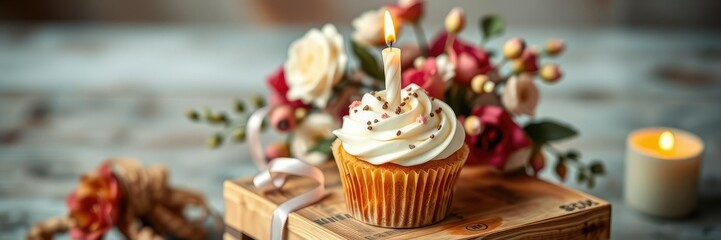 A beautifully styled cupcake with a lit candle, sitting atop a stacked wooden crate or box filled with decorative items like ribbons and flowers, present, birthday