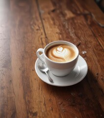 Fototapeta premium A warm cup of coffee with steamed milk on a wooden table , morning, milk