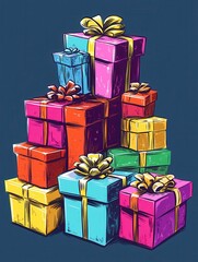 Fototapeta premium Colorful boxes piled with presents, a retro style design perfect for holidays, birthdays, or Christmas.pop art.