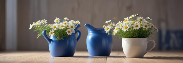 A beautiful pot of chamomile with a blue handle in a soft focus environment , tea time, cooking