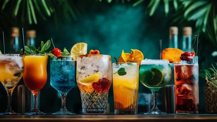 colorful variety of cocktails and mocktails on the table in bar