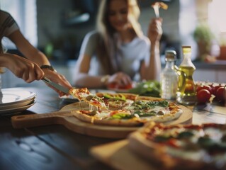 A group of friends enjoying a meal together at home, with pizzas and fresh ingredients.