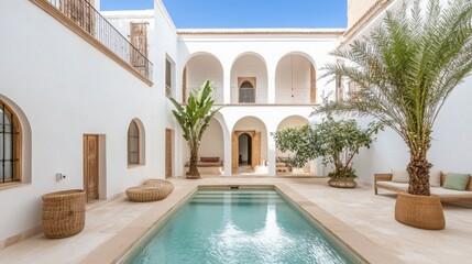 A serene courtyard with a pool, surrounded by elegant arches, greenery, and comfortable seating, perfect for relaxation and leisure.