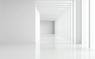 Obraz premium Minimalist interior space featuring a white hallway with clean lines and reflections.