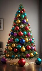 Fototapeta premium A whimsical bauble Christmas tree decorated with oversized glass ornaments in bold and bright colors , Bright Decorations, Imagination Ignited, Bold Colors