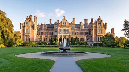 Fototapeta premium A grand mansion with intricate architecture surrounded by lush gardens and a central fountain, illuminated by soft evening light.
