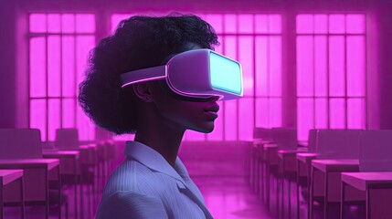 Woman uses VR headset in a futuristic classroom