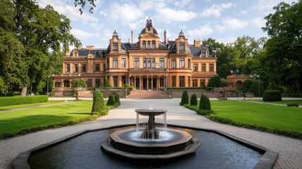 Obraz premium A grand mansion surrounded by lush gardens, featuring a central fountain and intricate architectural details, under a bright blue sky.