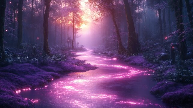 Magical purple forest stream at sunset.