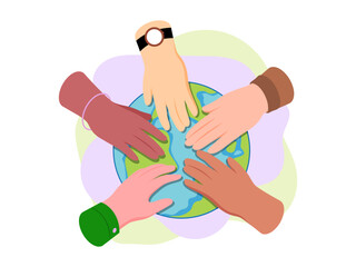 hand diverse people globe team multicultural person cooperating together vector illustration teamwork support partnership trust concept banner website design landing page