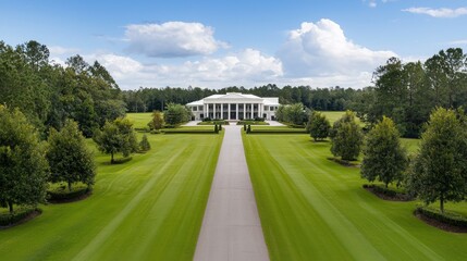 A grand estate with a long driveway, surrounded by lush greenery and trees, under a clear blue sky.