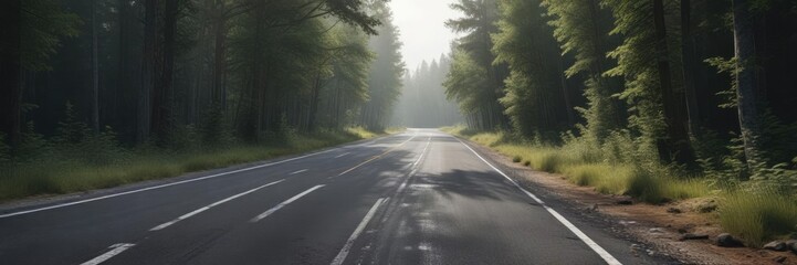 Fototapeta premium A worn asphalt road winding through a dense forest, road, wilderness