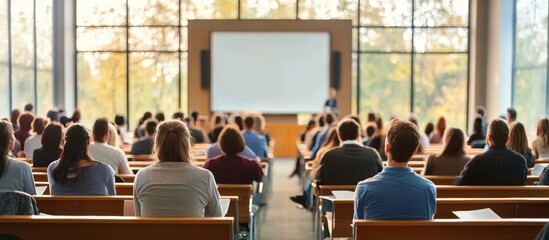 Educational conference hall filled with people sitting in rows, listening to a presentation on the large screen at the front.This scene symbolizes education and learning among business professionals.