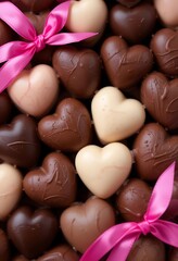Fototapeta premium Assorted Chocolate Heart Candies with Pink Ribbons