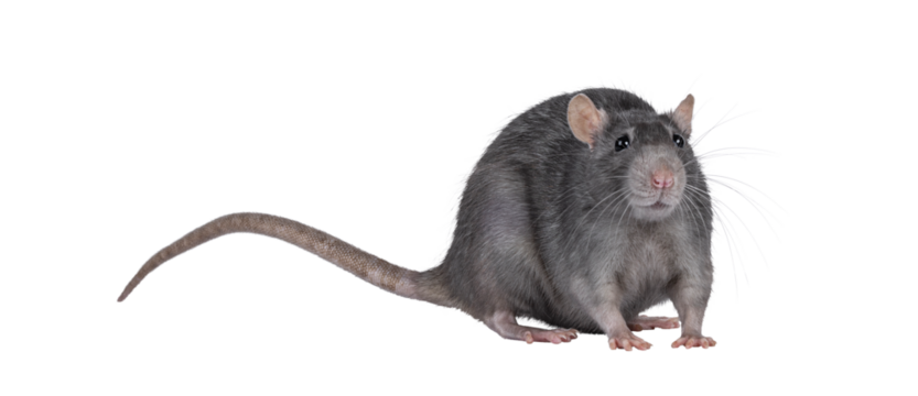 Beautiful adult rat, standing facing front. Head up looking towards camera. Isolated cutout on a transparent background.