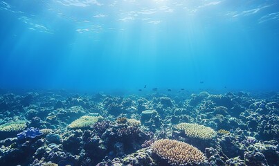 Fototapeta premium Sunlight pierces ocean, illuminating vibrant coral reef with small fish
