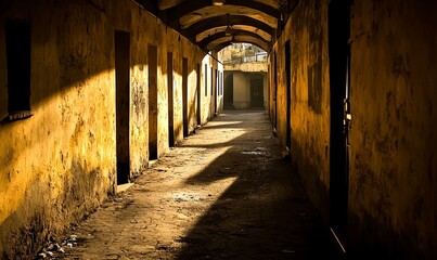 Fototapeta premium Sunlit corridor in old, weathered building with closed doors, possibly abandoned or historical site
