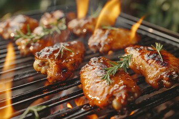 Tasty baked chicken wings on grill, ready to be eaten. Food cooked outdoors for a delightful taste and smoky flavor.
