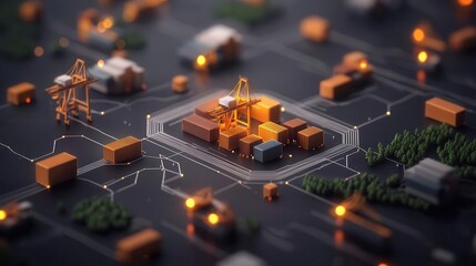 Maritime logistics hub glowing with crane and container connections, 3D illustration
