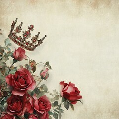 Elegant vector background featuring a crown and roses in the corner, with ample blank space for copy or text, perfect for regal themes.

