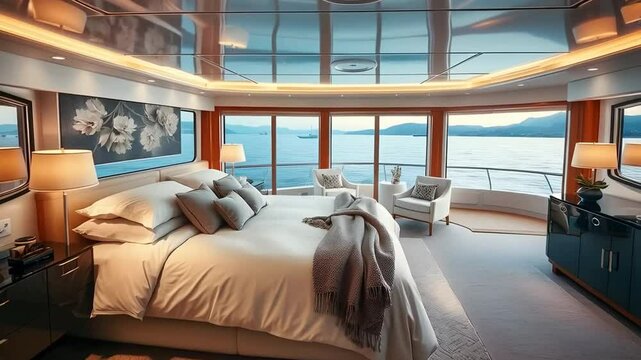 Interior of a luxury yacht displaying a master bedroom with a king-size bed, plush bedding, and panoramic views through floor-to-ceiling windows