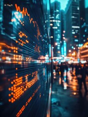 Obraz premium Neon-lit stock market screens reflecting the fast-paced city life at night. The financial district is bustling with activity and light, showcasing the power of data and technology.