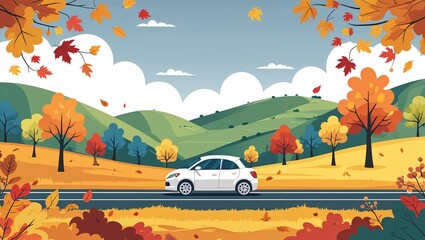 Vibrant Autumn Fall Cartoon Landscape Featuring a Car Among Colorful Trees and Golden Leaves Scenic View