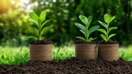 Three Small Trees Emerging from Rich Dark Soil Surrounded by Lush Greenery Evoking a Sense of Growth Vitality and Natural Harmony in the Environment