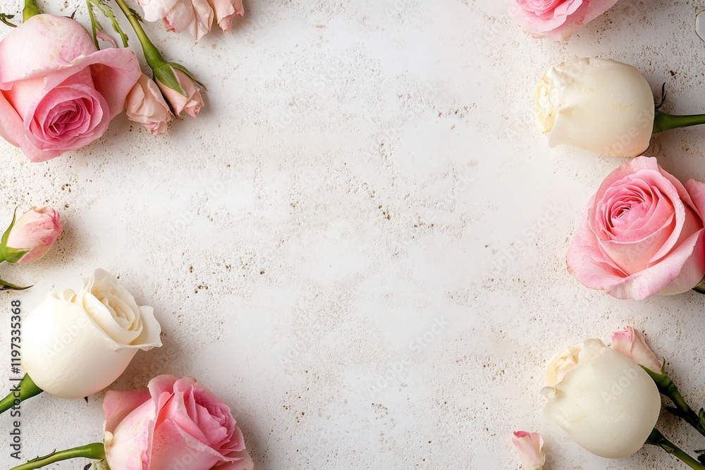 Fototapete elegant arrangement of soft pink and white roses on a textured background with space for text or des