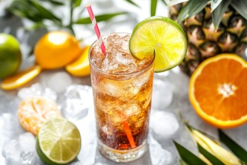 Fototapeta premium Cola and rum.Lime cocktail.Cuba libre.Classic cuba libre.Rum cocktail.A Cuba Libre cocktail with crushed ice, served with a paper straw, surrounded by tropical fruits