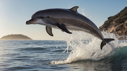A dolphin gracefully leaps from the ocean, creating splashes in a serene coastal setting.