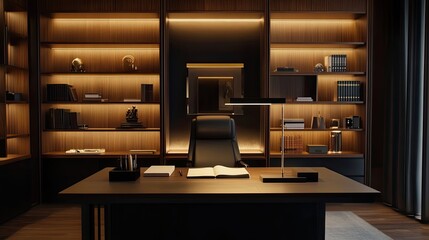 Modern Executive Office with Warm Lighting and Built in Bookshelves