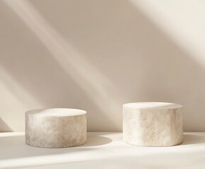 A beige background with two stone pedestals for product presentation on the right side, soft shadows, soft lighting,