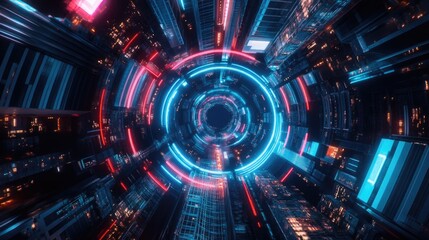 Obraz premium Vibrant neon lights and futuristic technology in a cybernetic urban environment.