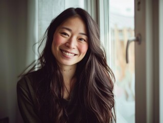 Fototapeta premium A woman with long hair smiling and looking directly at the camera. She has a warm and approachable expression, suggesting friendliness or relaxation.
