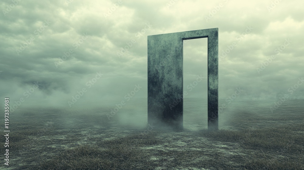 Aufkleber mysterious metal door stands alone in a foggy field under a cloudy sky at twilight. generative ai