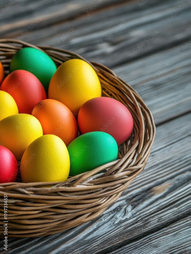 Wall mural easter, holidays and tradition concept - close up of colored eggs in wicker basket on grey wooden boards background