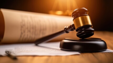 Fototapeta premium close up of judge gavel resting on legal documents, symbolizing justice and authority in courtroom setting. warm lighting adds serious tone to scene