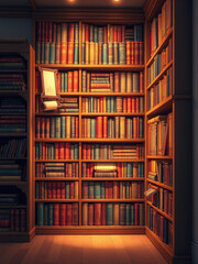 Fototapeta premium An anime-style bookshelf filled with colorful volumes and scrolls, literary haven, book lover's paradise, knowledge repository, ancient tomes