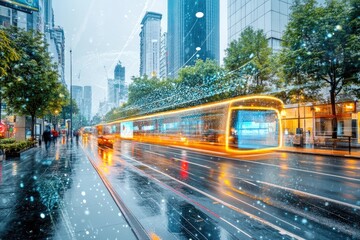 Obraz premium Futuristic Bus Speeds Through Rainy City Street at Night